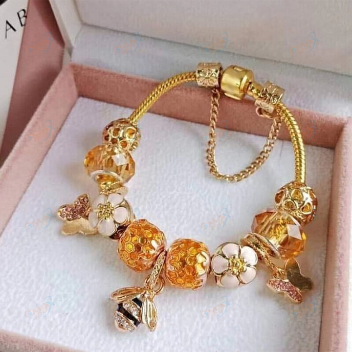 Classic Fine Charm DIY Golden Flower Beads And Little Bee Jewelry Fine Women Bracelet Girlfriend Bangles Gift