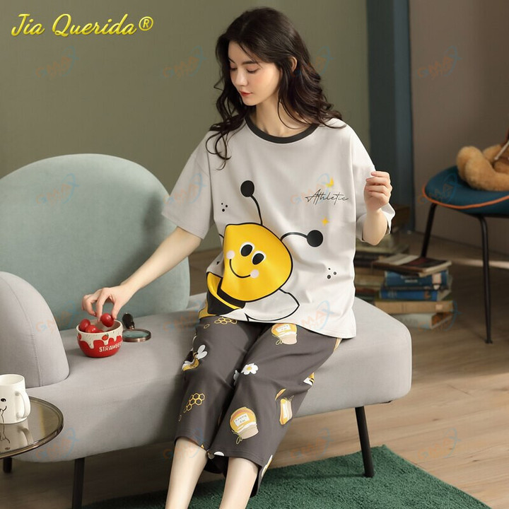 Lovely Bee Calf-Length Pants Homewear Cartoon Pyjamas Women Pajamas Sets Summer Sleepwear