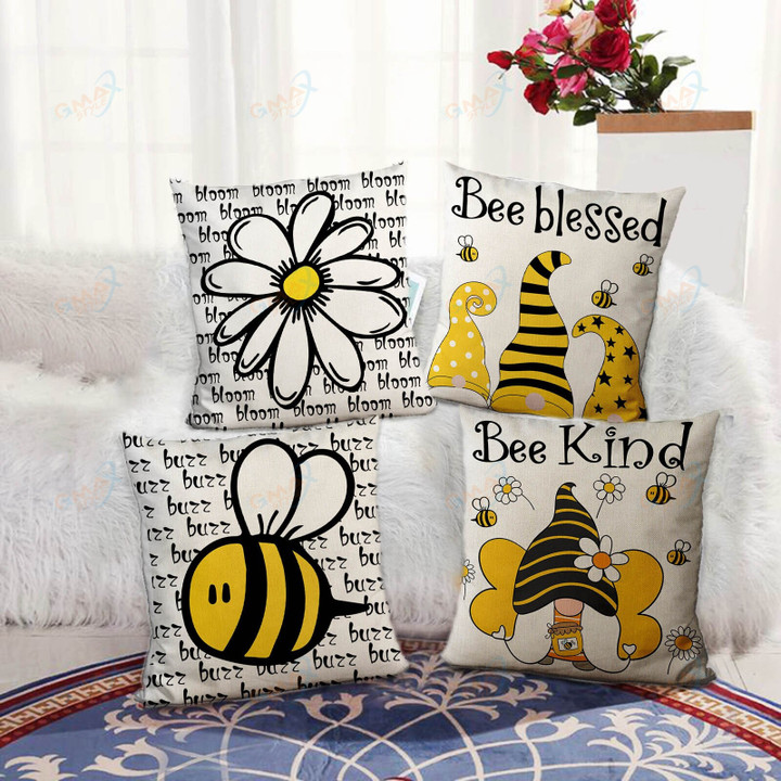 Bee Cushion Print Cover Cover Sofa 4pc Linen Home Nordic Cover Sunflower Cartoon Pillowcase