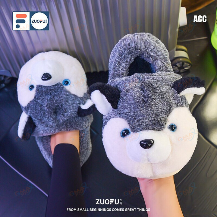 Funny Animal Dog Husky Men's Cotton Home Slippers Women Winter Indoor Wrap Heel Thick Soled Warm Outer Plush Slippers