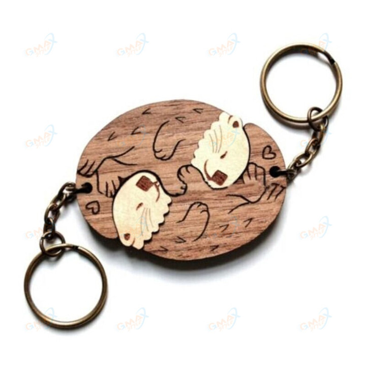 2Piece Wooden-Keychain Otters Shape Pendant Keyring Personalized Matching Puzzles Keychain Key-Tags for Backpack Luggage