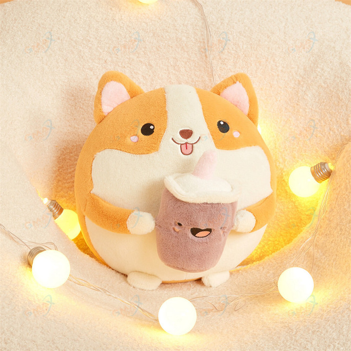 Cute fat Corgi Plush Toy Cartoon Animal Pillow Stuffed Soft Cup Milk Tea Boba Plushie Doll For Children Girls Gifts