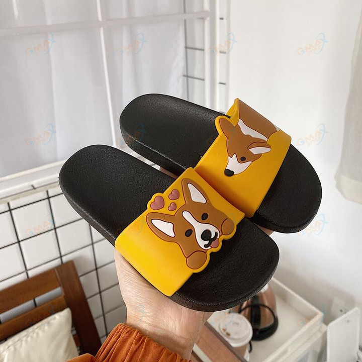 fashion slippers for women summer slip on Slides for women Sandals Beach Cartoon Dog Corgi Thick Sole Girls Flat Shoes