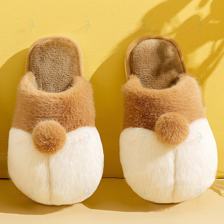 Plush Slippers Autumn and Winter Cotton Slippers Plush Warm Indoor Men and Women Couples Cute Corgi Hip Cotton Slippers Women