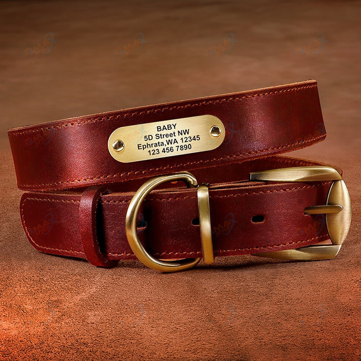 Real Leather Dog Collar Personalized Pet ID Collars Custom Engraved Tag for Small Large Dogs Pitbull German Shepherd
