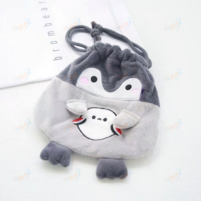 Cute Cartoon Animal Penguin Cosmetic Storage Bag Drawstring Pouch Rope Bundle Pocket Small Soft Plush Purse Makeup Sorting Bags