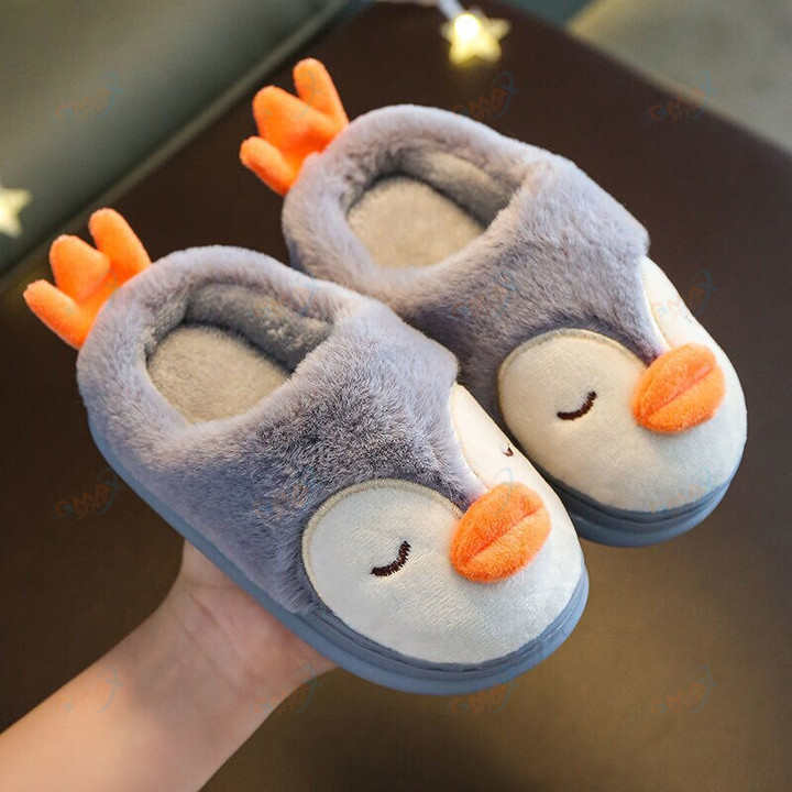 Penguin Fuzzy Slippers Autumn Winter Warm Thick Furry Slippers Home Indoor Non-Slip Flat Shoes Comfort Light Boys Girls Footwear