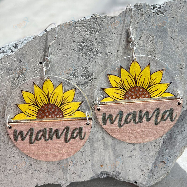 Semicircle Acrylic Wood Leopard Sunflower Butterfly MAMA BEAR Printed Disc Round Dangle Drop Earrings for Mom Gift Mother Day