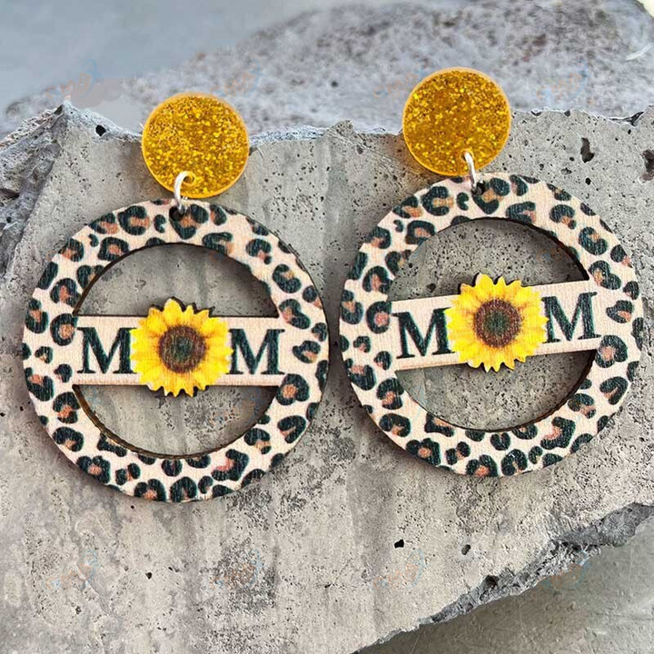 Cutout Sunflower Daisy Leopard Printing Wood Dangle Acrylic Stud Earrings for Mom Jewelry Wooden Mother's Day Gift Wholesale