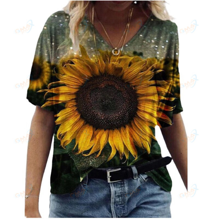 Summer New Women's Plus Size Loose Cotton Top 3D Sunflower Print T-Shirt Casual Oversized Street Short Sleeve V-Neck T-Shir