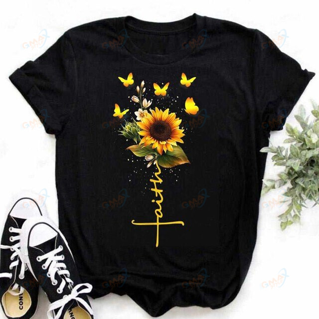 Women's T-shirt Casual Kawaii Sunflower Butterfly Pattern Print T Shirt Comfortable Casual Women's Clothing Black Top