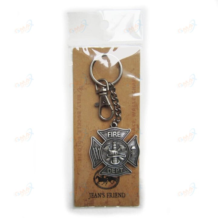 Vintage Silver Plated Firemen Firefighter Fire Dept Charm Key Ring Key Chain