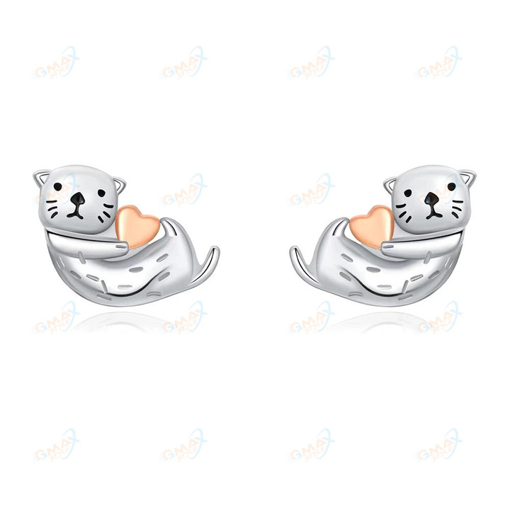 Cute Animal Otter Ocean Heart Stud Earrings Fashion Wedding Party Christmas Jewelry