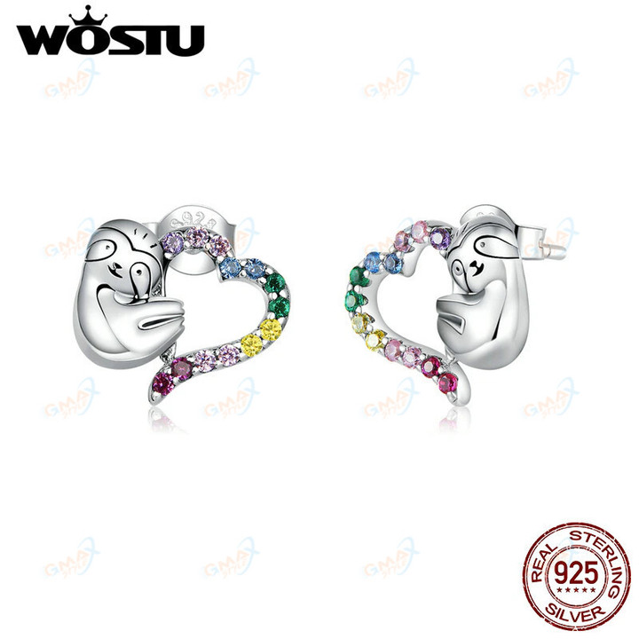 Stud Earrings WOSTU Slow Sloth with Color Zircon Heart Women Earrings
