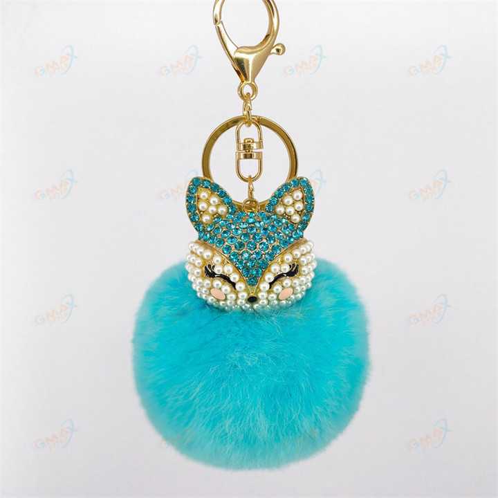 Cute Fox Key Chains Handmade Rabbit Fur Pompom Ball Inlaid Rhinestone Bag