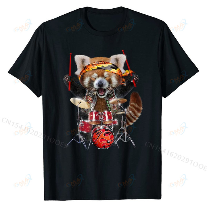 Red Panda Play Drum in Heavy Metal Band - T-Shirt