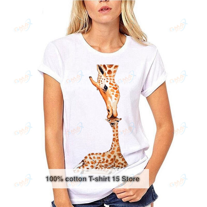 Cute Giraffe T-Shirt Summer Fashion animal maternal love Short Sleeve Printed Novelty T-Shirts