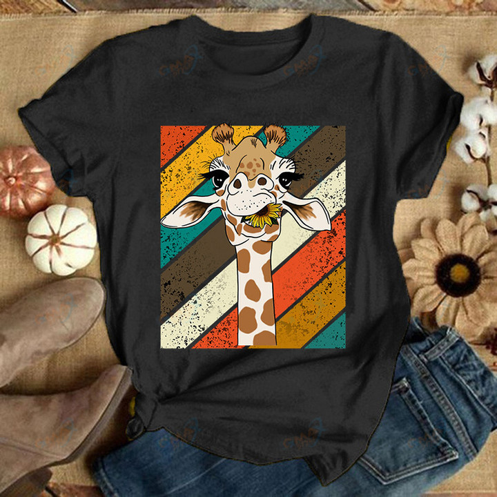 Women Lady Giraffe T-Shirt Funny Animal Lovely Cute Giraffe Tee