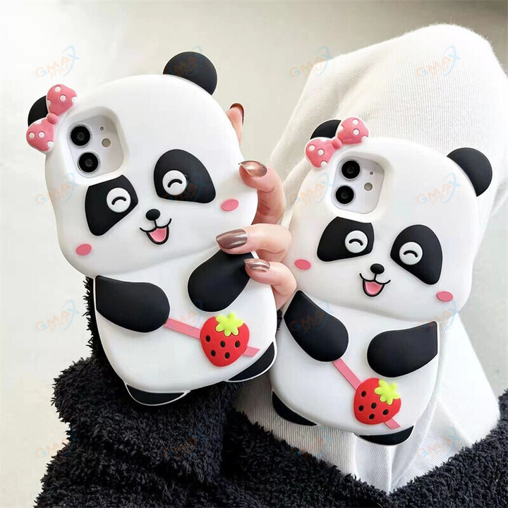 Panda Cute 3D Case For iphone 13 12 11 Pro XS Max XR X SE2 6S 7 8 Plus Soft silicone bubble Phone Cover kids gift