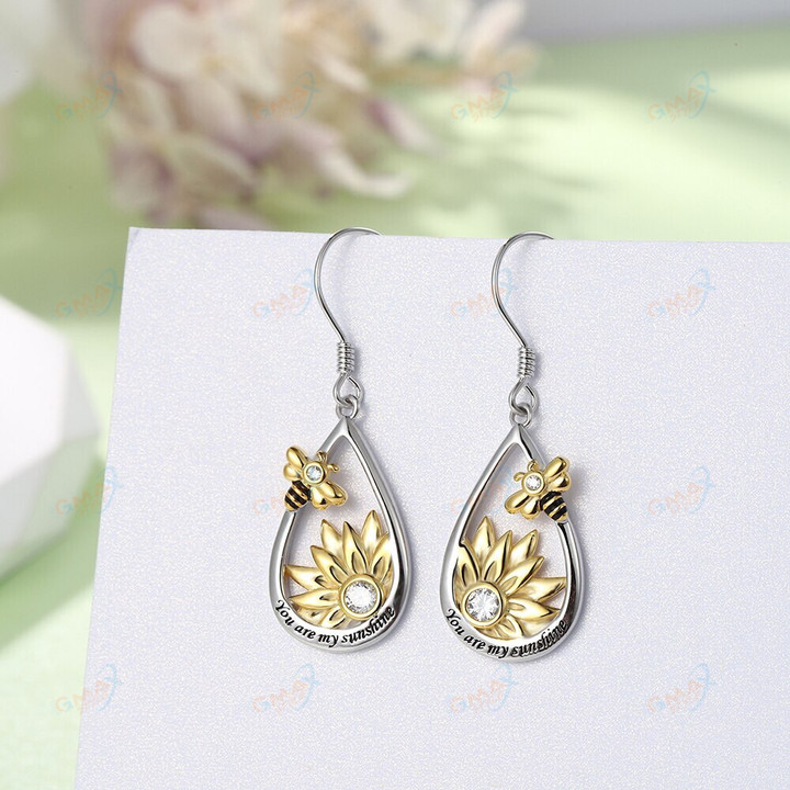 Sterling Silver Sunflower Bee Jewelry Drop Earrings Birthday Mother's Day Gifts for Women Teen Girls Girlfriend Daughter Mom