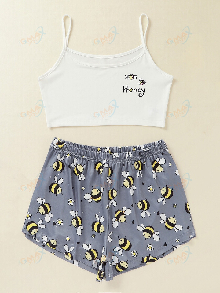 New Style Fashion Lady Summer Cartoon Honey Bee Print Camisole With Shorts Pajama Set