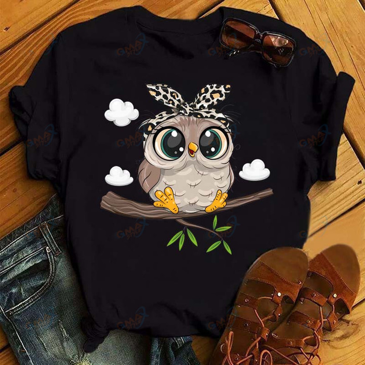 Owl Print T Shirt Women Kawaii Clothes Casual Short Sleeved Female Tee