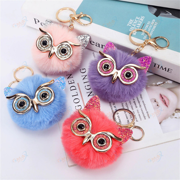 Fashion Cute Cartoon Keychain Owl Soft Pompom Animal Hair Ball Car Key Holder Women Bag Accessories Key Ring Gift