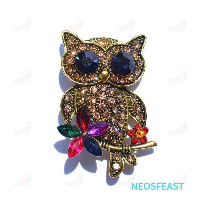 Vintage Multi Color Owl Rhinestone Brooches For Women Crystal Corsage Alloy Pin Ladies Holiday Gifts Accessories Classic Jewelry