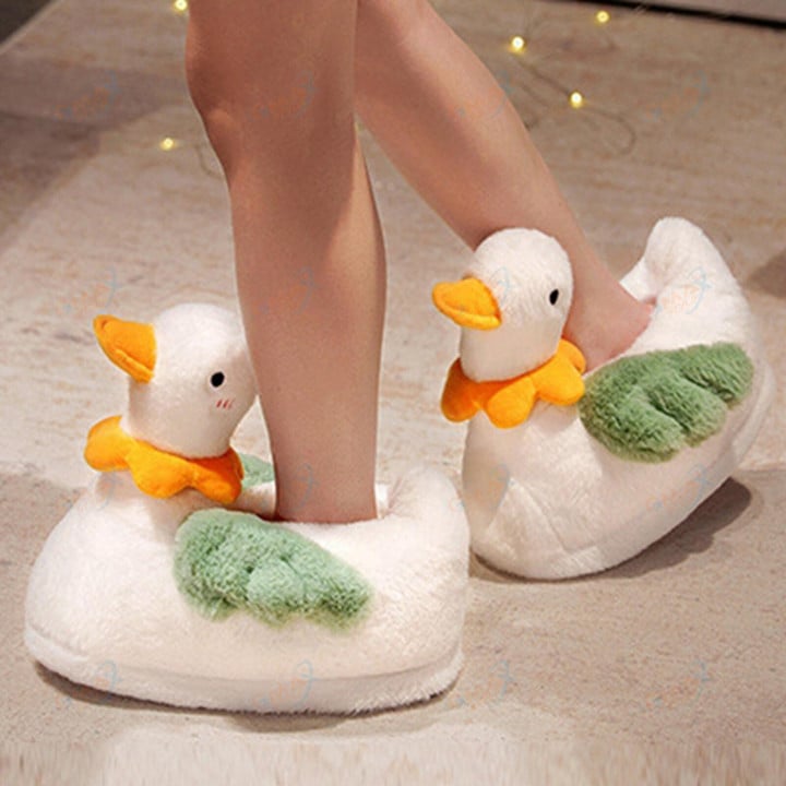 Women Duck Shaped Plush Slippers, Warm Shoes Flat Bottom Soft Comfy House Slipper