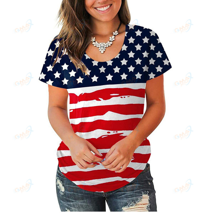 Women T-Shirts Independence Day Flag Print T Shirt Summer Short Sleeve