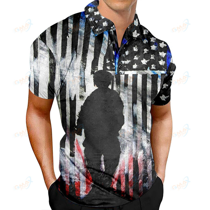Stripe Print Men's Polo Shirt Loose Independence Day Vintage Shirt fashion T-shirt