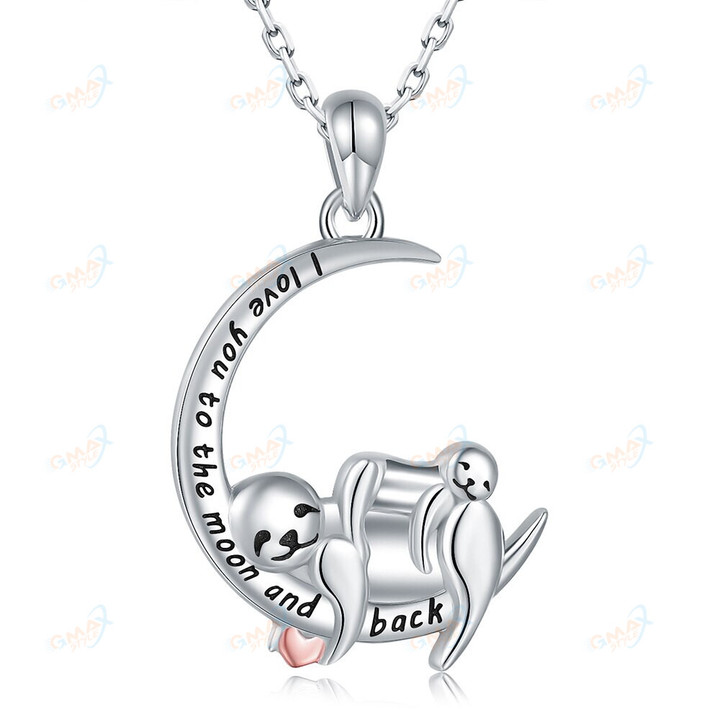 925 Sterling Silver Sloth Mom&Kid Moon Engraved "I Love You To The Moon and Back" Necklace，Probably the Best Gift for Women Girl