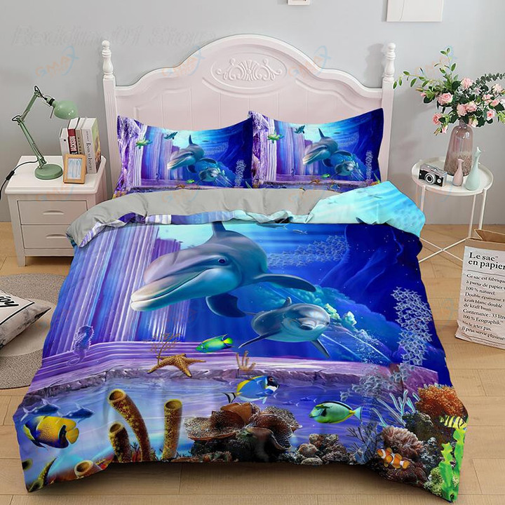 Dolphin Duvet Cover Set 3D Fish In Blue Sea Bedding Set