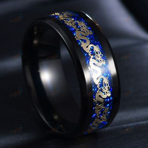 Dragon Carbon Ring For Men Blue Black Titanium Steel Wedding Band Amulet Rings