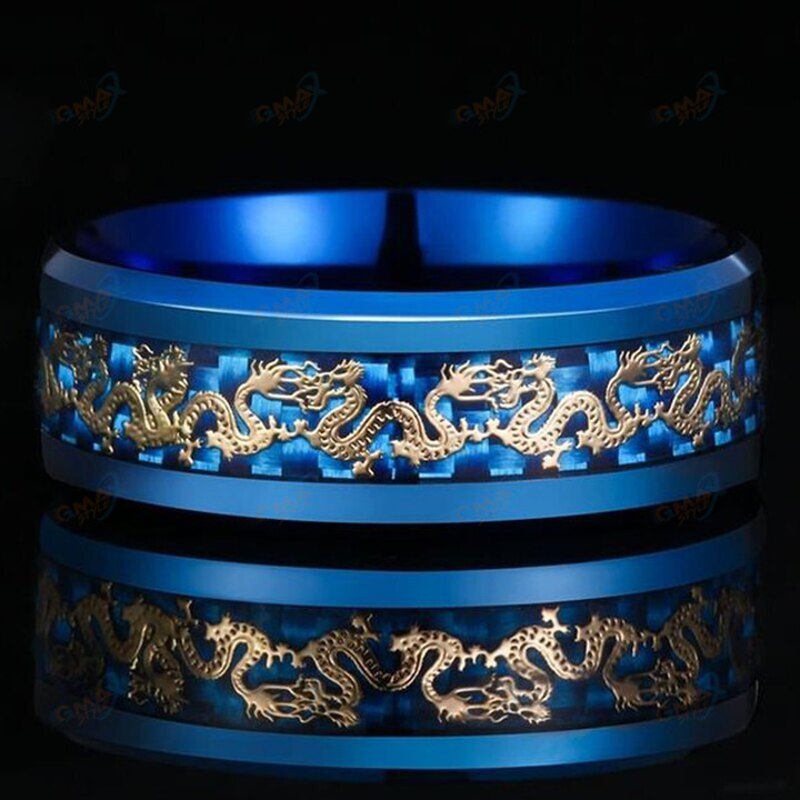 Black Blue Carbon Fiber Dragon Couple Wedding Band Amulet Ring for Women Men's