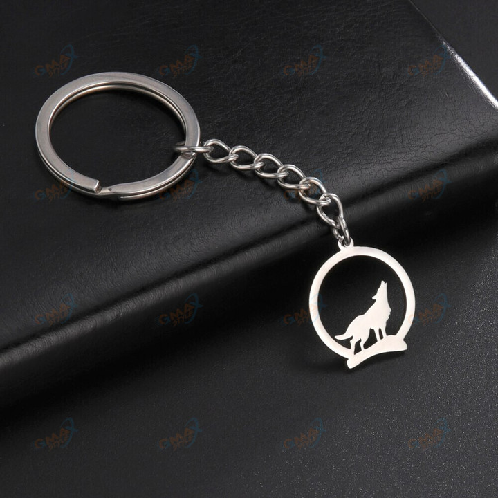 Trendy Wolf On The Hill Stainless Steel Keychain for Men Women
