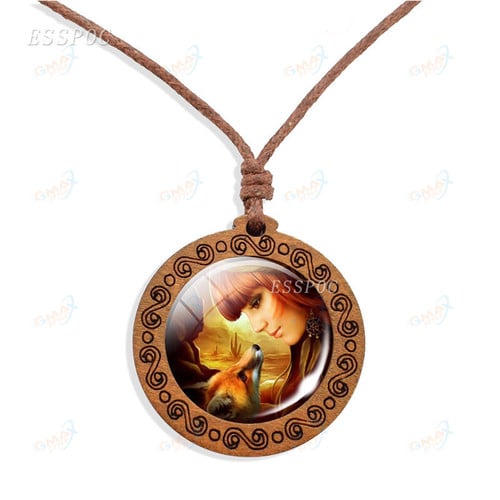 Fox Pendant Rope Necklace Cute Animal Glass Cabochon Wooden Craft Vintage Jewelry Gift for Girls
