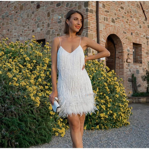 Women's Fringed Sequin Feather Stitching Dress Summer Slim V-Neck Off Shoulder Dresses Female