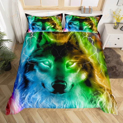 Wolf Duvet Cover Set Queen Size, Boho Wolf Wildlife Animal Bedding Set