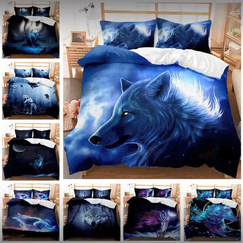Wolf Bedding Sets,3D Galaxy Wolf Blue Moonlight Queen