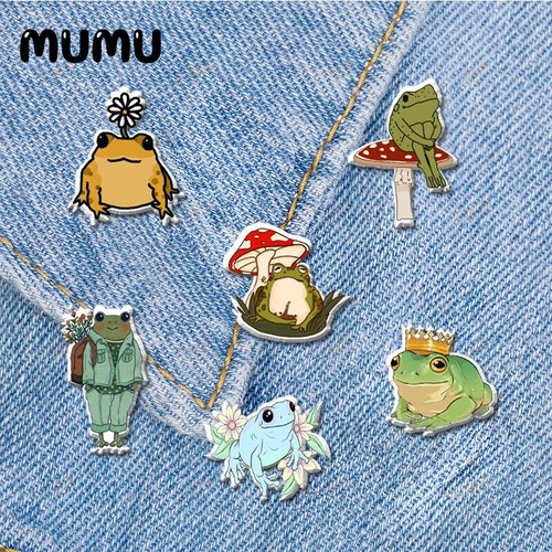 Funny Frog Mushroom Lapel Pin Animal Acrylic Brooches Handmade Epoxy Jewelry Shirt Bag Badge