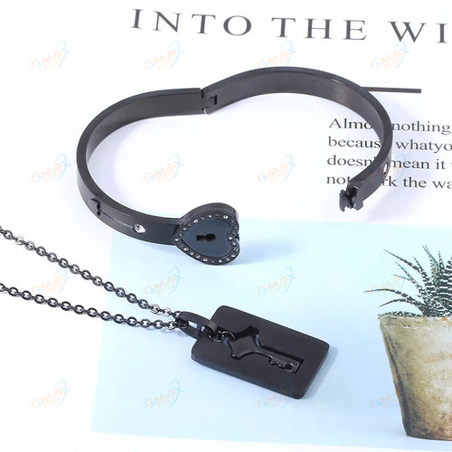 Black Heart Bracelet Choker Set Jewelry Stainless Steel Key