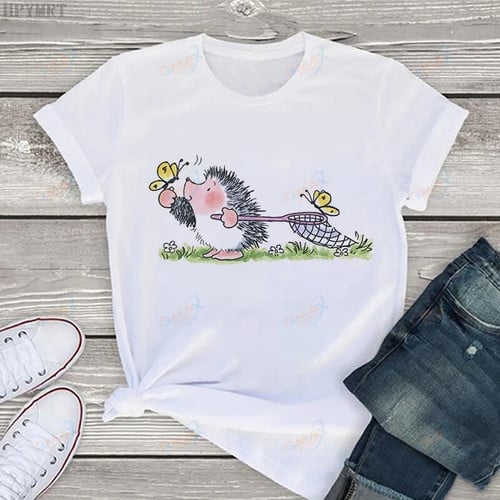 Hedgehog and dandelion printed female summer T-shirt