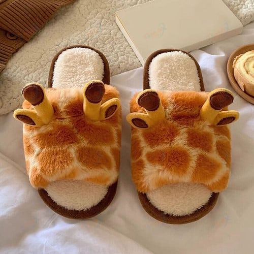 Cute Giraffe Fluffy Fur Home Women Slippers