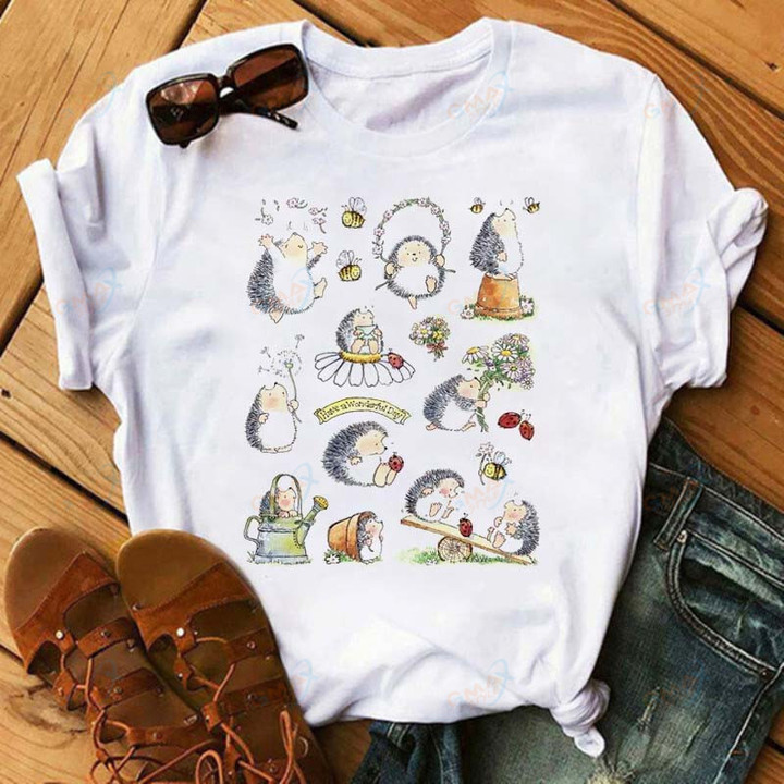Cute Hedgehog Dandelion Print T-shirt
