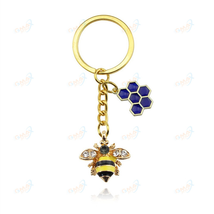Cute Exquisite Rhinestones Bee Dripping Oil Keychain Hexagon Honeycomb Key Ring