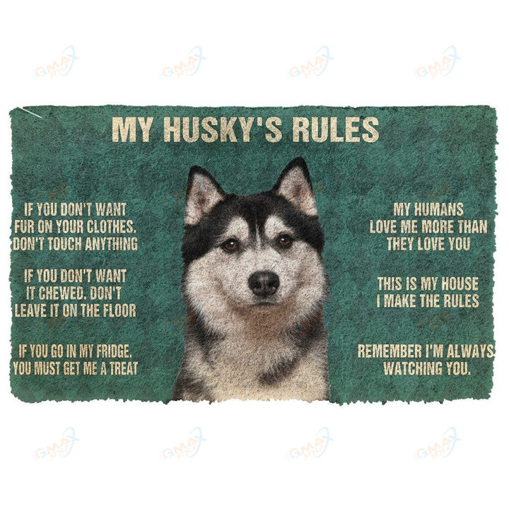 Please Remember Cute Husky Dogs House Rules Doormat Decor Print Carpet Soft Flannel Non-Slip Doormat for Bedroom Porch