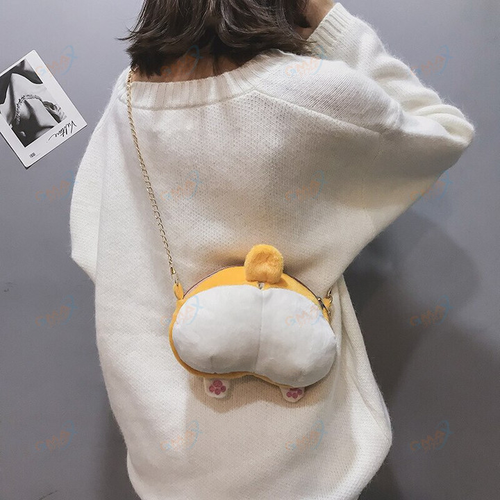 Creative Zipper Coin Wallet Plush Shiba Inu Corgi Butt Shape Soft Stuffed Animal Cartoon Cute Purse Girls Shoulder Crossbody Bag