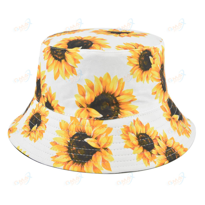 New Sunflower Double-sided Bucket Hat Women Men Harajuku Female Bob Printed Panama Cap Outdoor Fishing Sunscreen Fisherman Hat