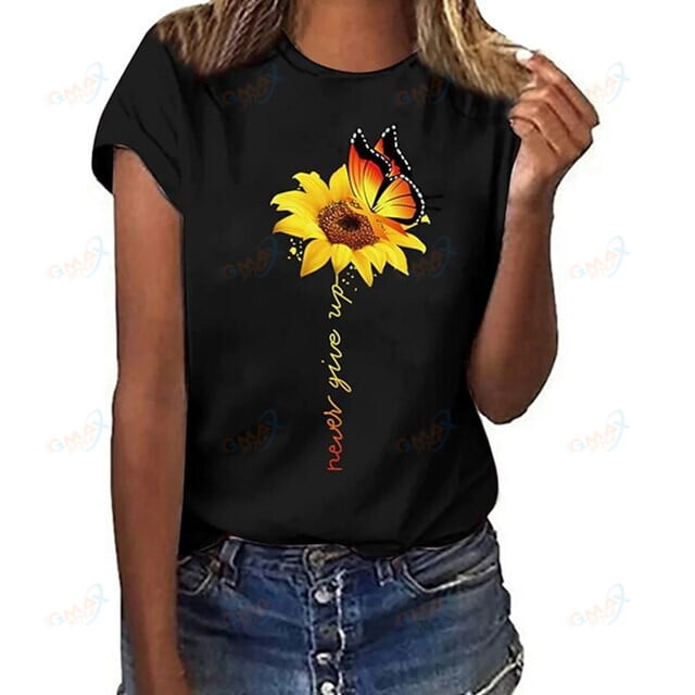 Sunflower Print T Shirts Women's Plus Size Short Sleeves Round Neck Summer New Casual Fashion Loose Clothes Tops Cute